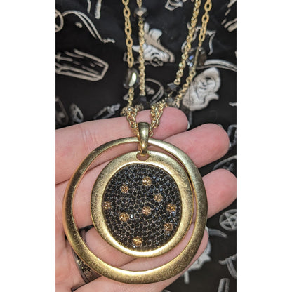 Glam Goth Layered Black Crystal Statement Necklace Gold Tone Circle Pendant