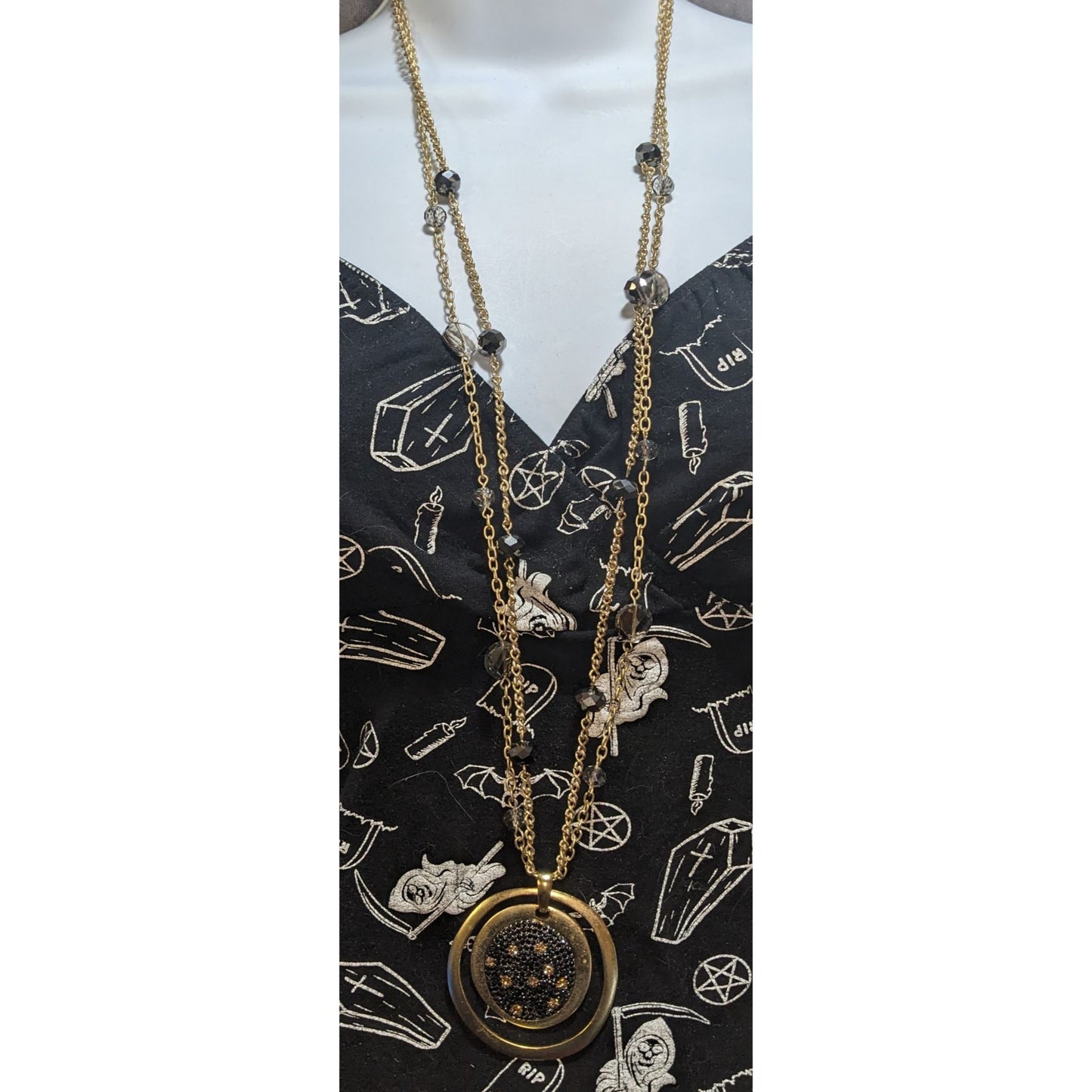 Glam Goth Layered Black Crystal Statement Necklace Gold Tone Circle Pendant