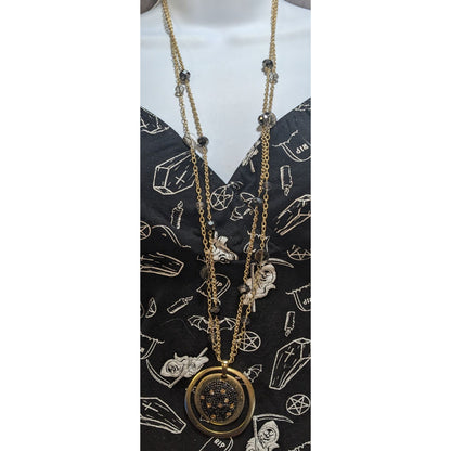 Glam Goth Layered Black Crystal Statement Necklace Gold Tone Circle Pendant