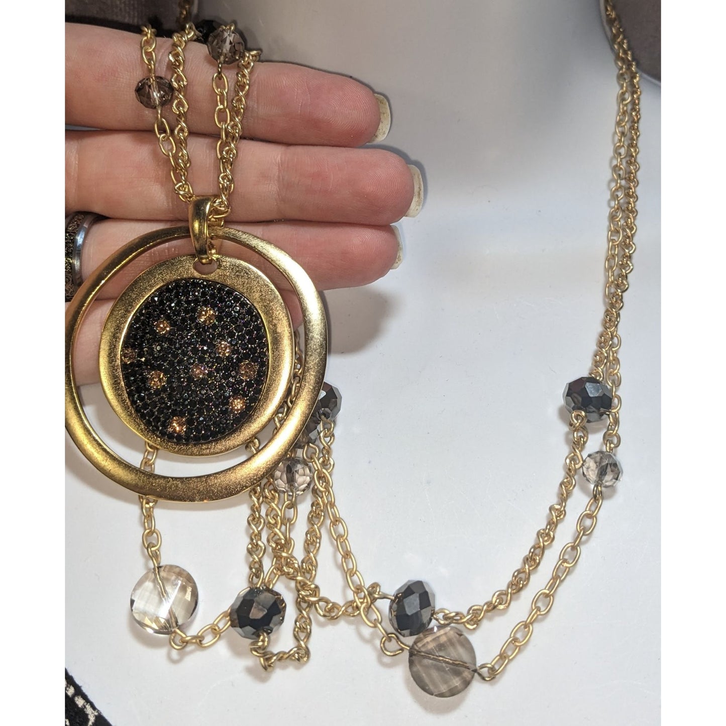 Glam Goth Layered Black Crystal Statement Necklace Gold Tone Circle Pendant