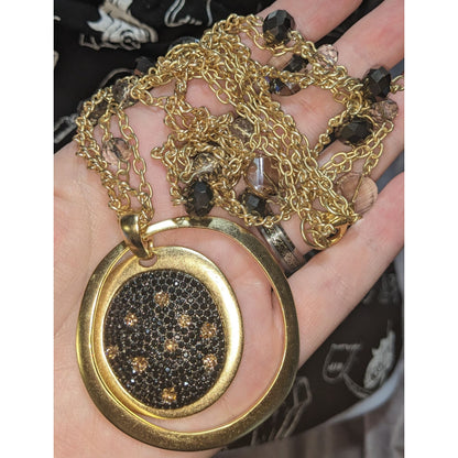 Glam Goth Layered Black Crystal Statement Necklace Gold Tone Circle Pendant