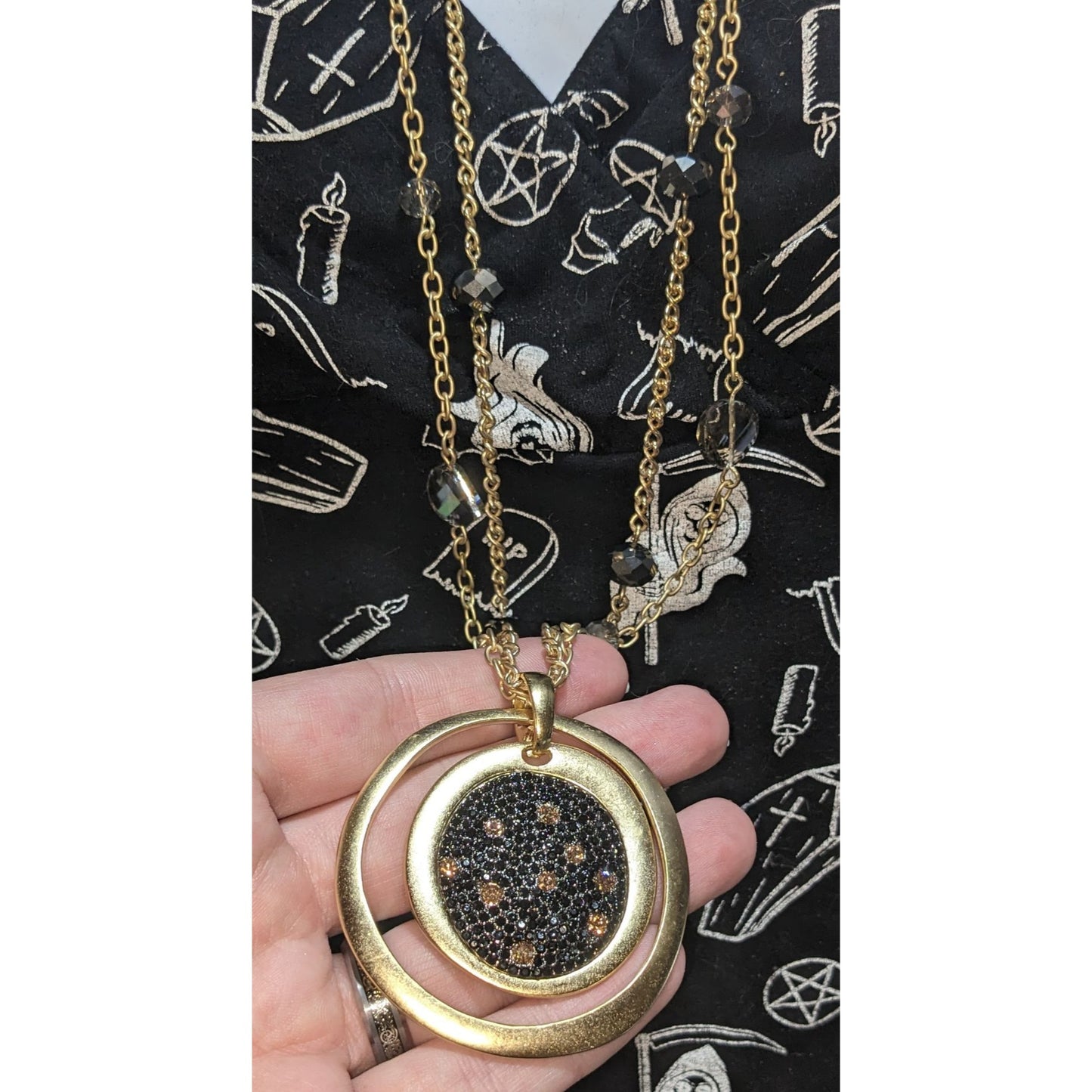 Glam Goth Layered Black Crystal Statement Necklace Gold Tone Circle Pendant