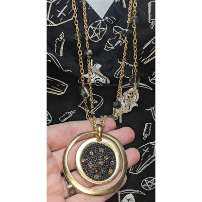 Glam Goth Layered Black Crystal Statement Necklace Gold Tone Circle Pendant