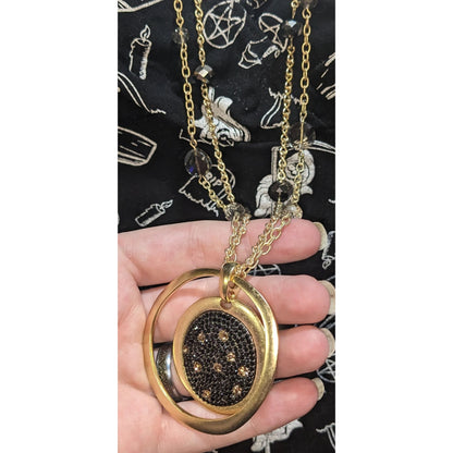Glam Goth Layered Black Crystal Statement Necklace Gold Tone Circle Pendant