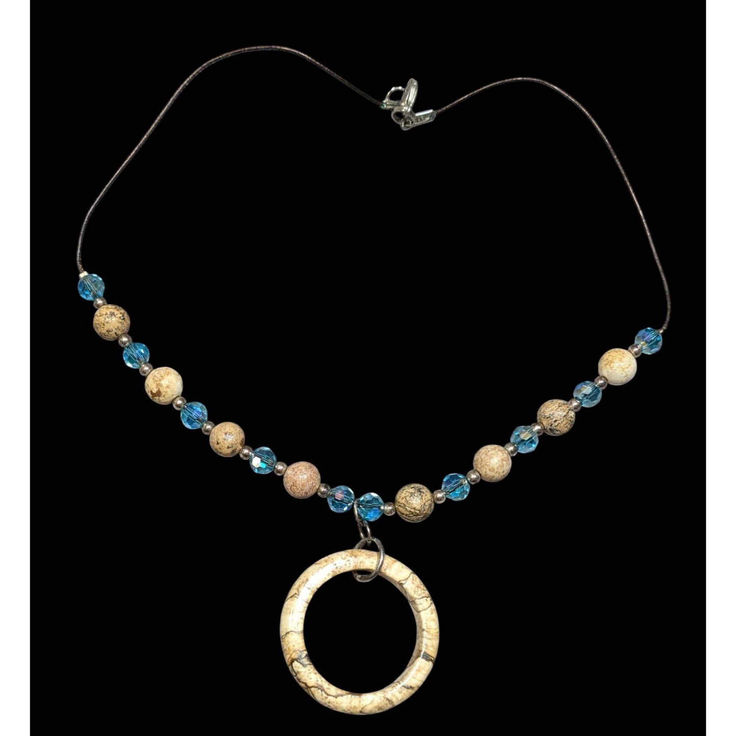 Bohemian Natural Stone & Aqua Glass Beaded Necklace With Circular Pendant On Brown Cord