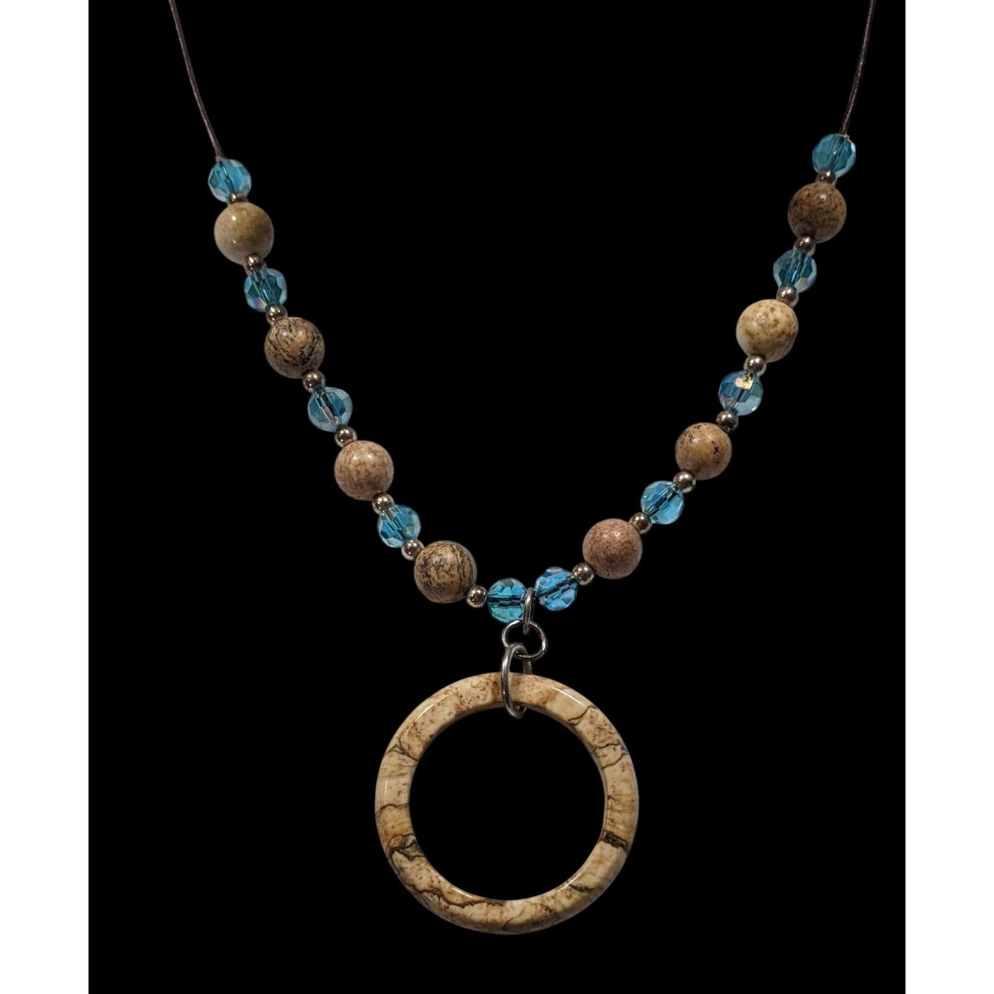 Bohemian Natural Stone & Aqua Glass Beaded Necklace With Circular Pendant On Brown Cord