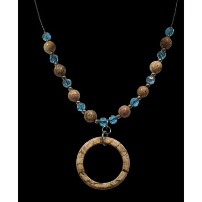 Bohemian Natural Stone & Aqua Glass Beaded Necklace With Circular Pendant On Brown Cord