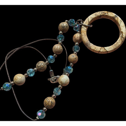 Bohemian Natural Stone & Aqua Glass Beaded Necklace With Circular Pendant On Brown Cord