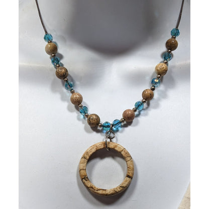 Bohemian Natural Stone & Aqua Glass Beaded Necklace With Circular Pendant On Brown Cord