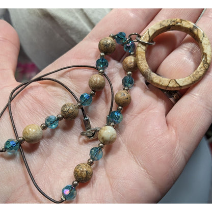 Bohemian Natural Stone & Aqua Glass Beaded Necklace With Circular Pendant On Brown Cord