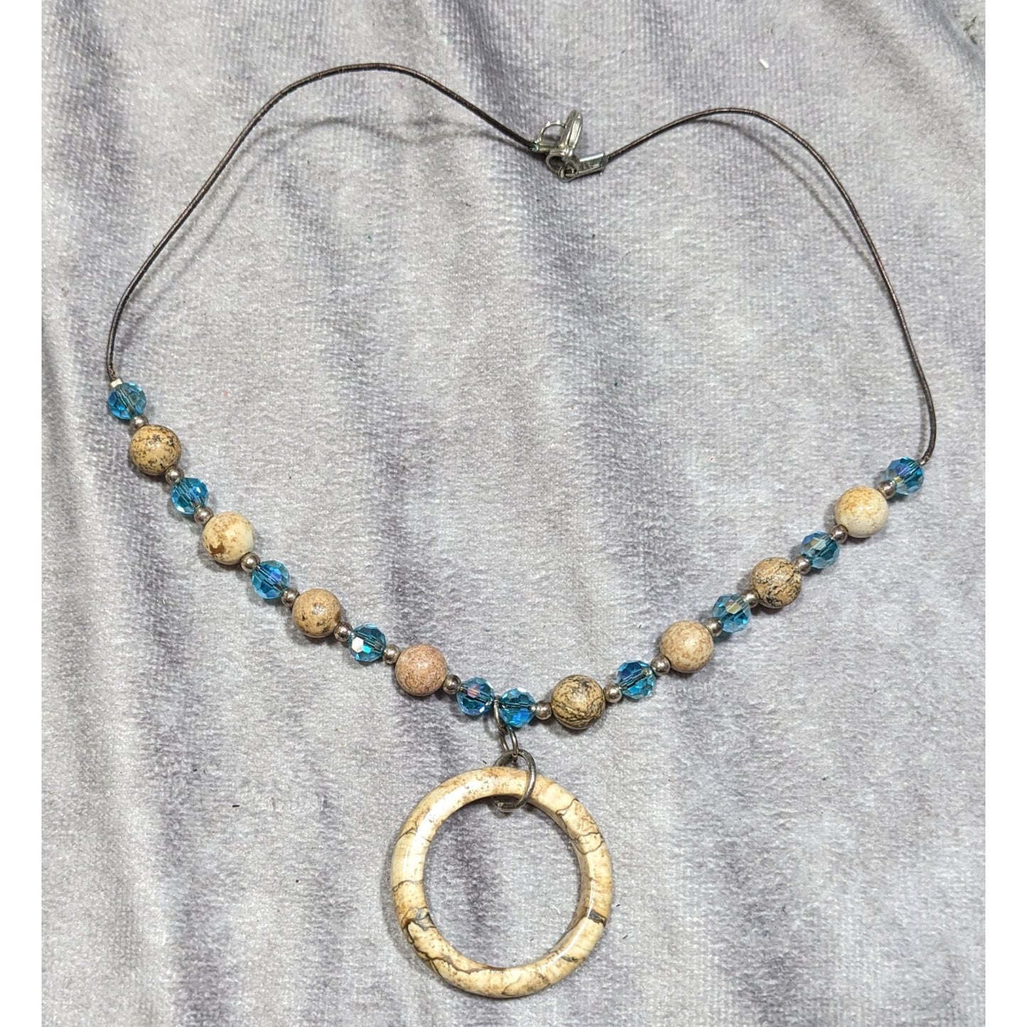 Bohemian Natural Stone & Aqua Glass Beaded Necklace With Circular Pendant On Brown Cord
