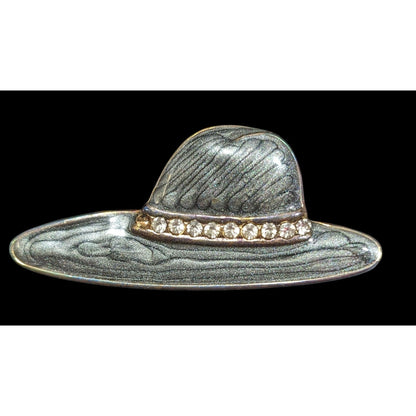 Vintage Hat Brooch With Grey Shimmer Enamel And Rhinestone Accents