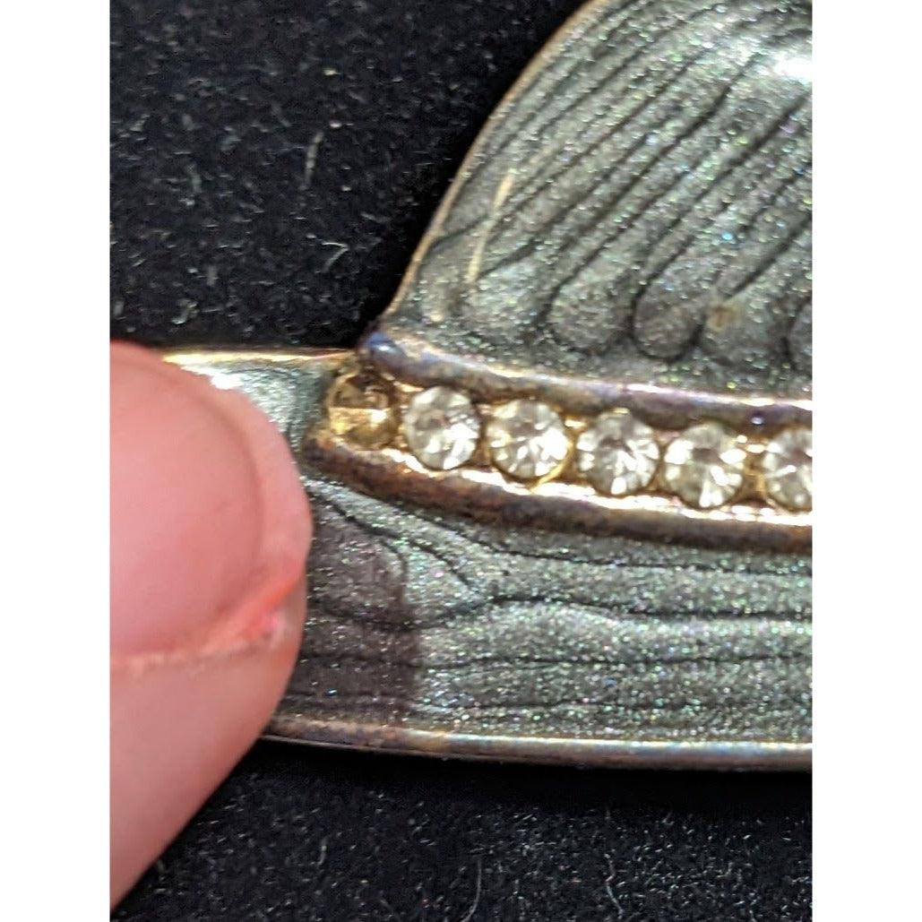 Vintage Hat Brooch With Grey Shimmer Enamel And Rhinestone Accents