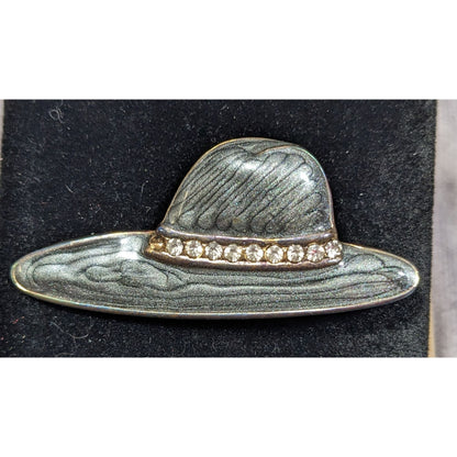 Vintage Hat Brooch With Grey Shimmer Enamel And Rhinestone Accents
