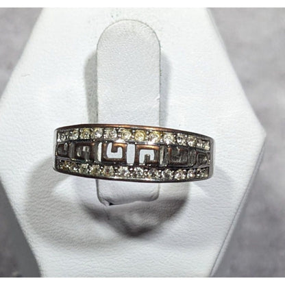 Vintage Greek Key Cutout Silver Toe Rhinestone Embellished Ring Size 7 1/4