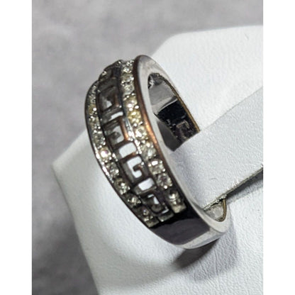 Vintage Greek Key Cutout Silver Toe Rhinestone Embellished Ring Size 7 1/4