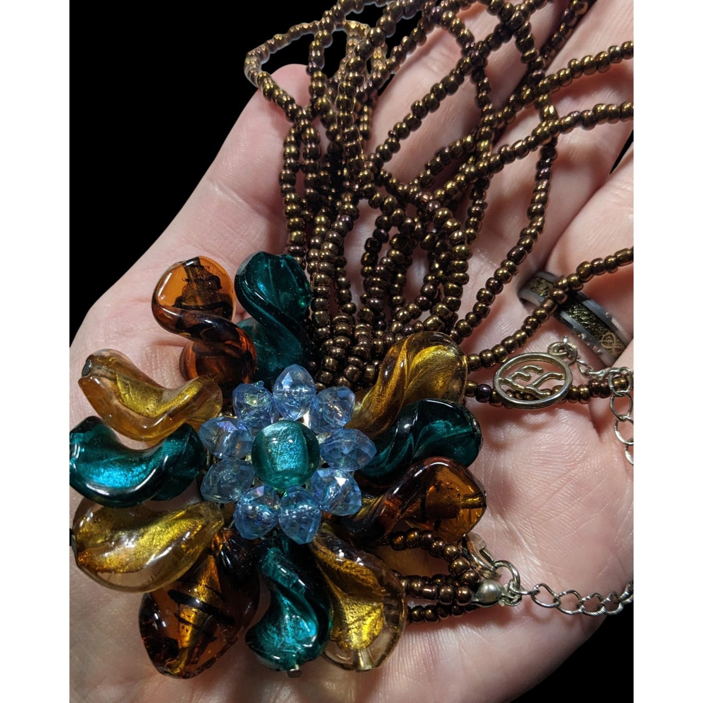 Erica Lyons Whimsical Floral Brown And Blue Glass Necklace