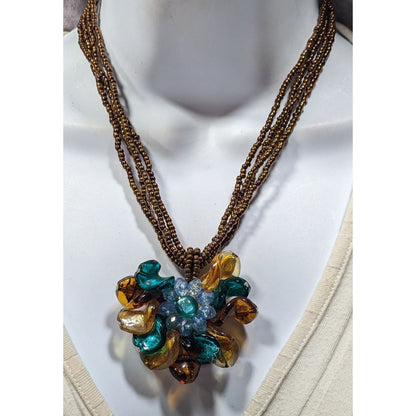 Erica Lyons Whimsical Floral Brown And Blue Glass Necklace