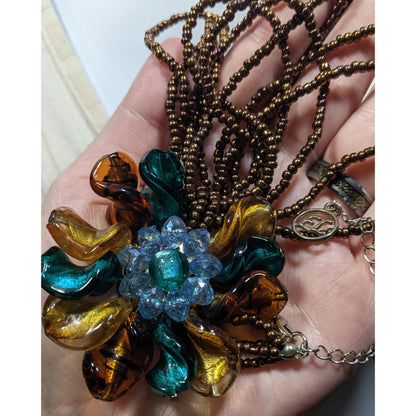 Erica Lyons Whimsical Floral Brown And Blue Glass Necklace