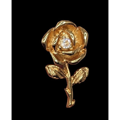 Vintage Elegant Rose Pin Gold-Tone With Rhinestone Center