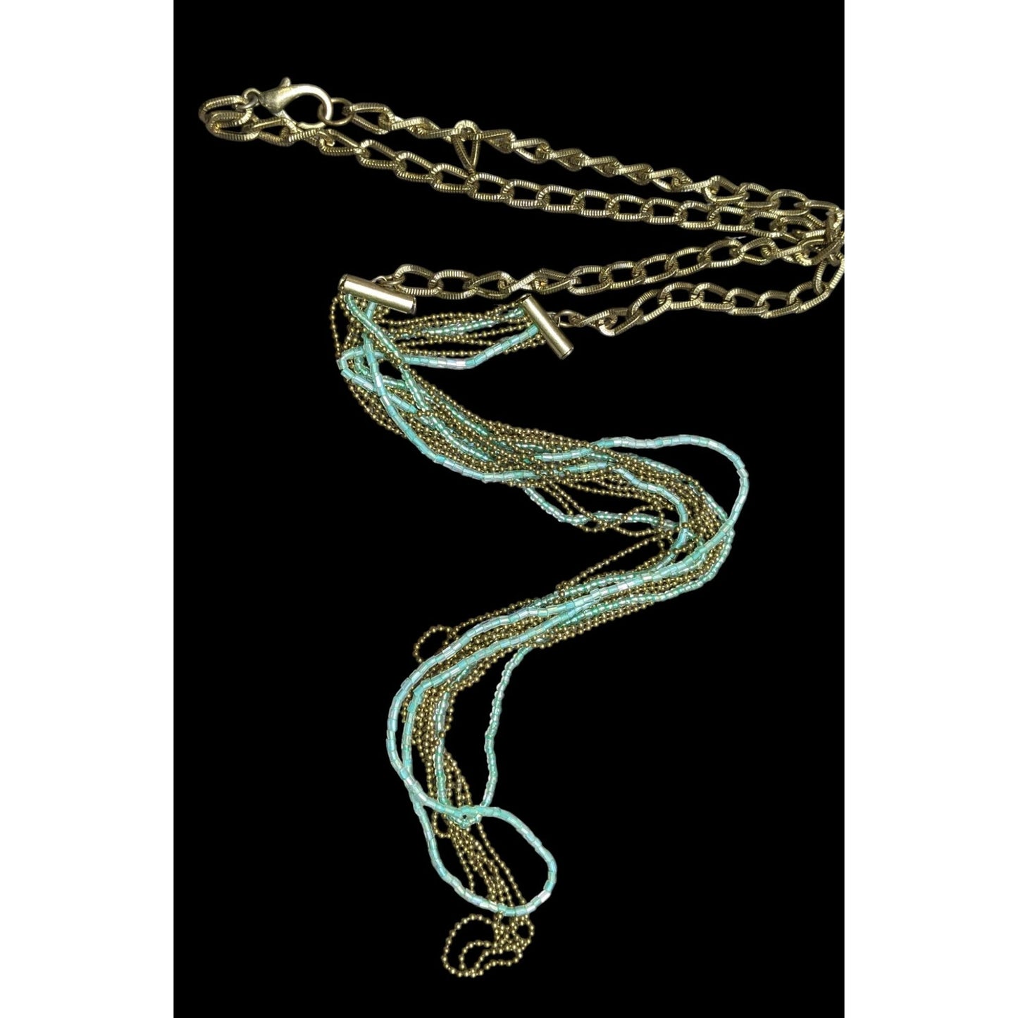 Layered Gold Tone & Aqua Chain Necklace With Multi-Strand Design & Lobster Clasp Closure