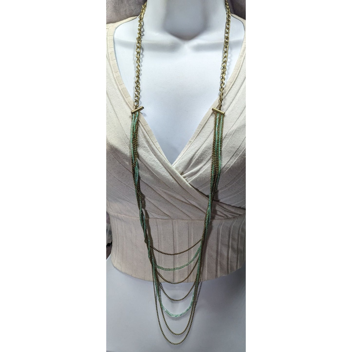 Layered Gold Tone & Aqua Chain Necklace With Multi-Strand Design & Lobster Clasp Closure