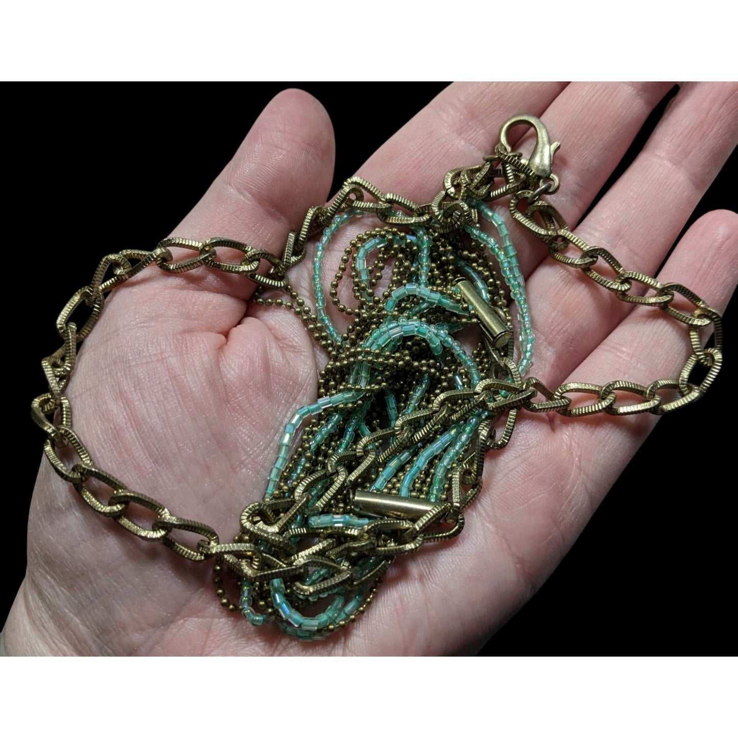 Layered Gold Tone & Aqua Chain Necklace With Multi-Strand Design & Lobster Clasp Closure
