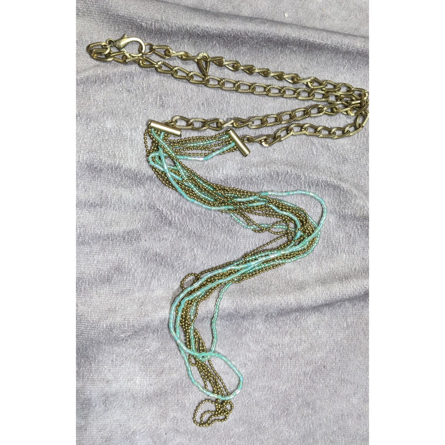 Layered Gold Tone & Aqua Chain Necklace With Multi-Strand Design & Lobster Clasp Closure