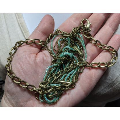 Layered Gold Tone & Aqua Chain Necklace With Multi-Strand Design & Lobster Clasp Closure