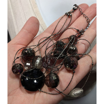 Dark Elegant Black And Silver Tone Layered Station Necklace