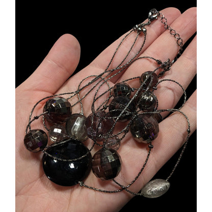 Dark Elegant Black And Silver Tone Layered Station Necklace