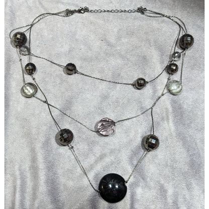 Dark Elegant Black And Silver Tone Layered Station Necklace