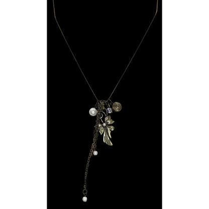 Vintage-Inspired Coquette Bronze Pendant Necklace With Faux Pearl & Crystal Accents