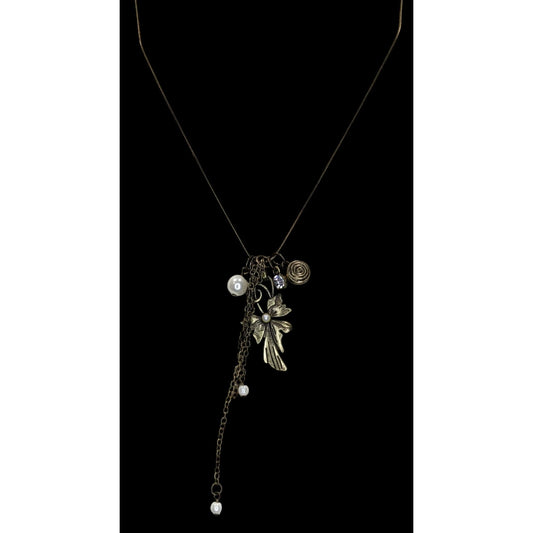 Vintage-Inspired Coquette Bronze Pendant Necklace With Faux Pearl & Crystal Accents