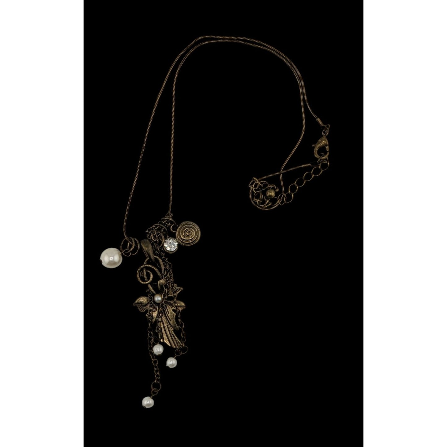 Vintage-Inspired Coquette Bronze Pendant Necklace With Faux Pearl & Crystal Accents