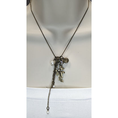 Vintage-Inspired Coquette Bronze Pendant Necklace With Faux Pearl & Crystal Accents