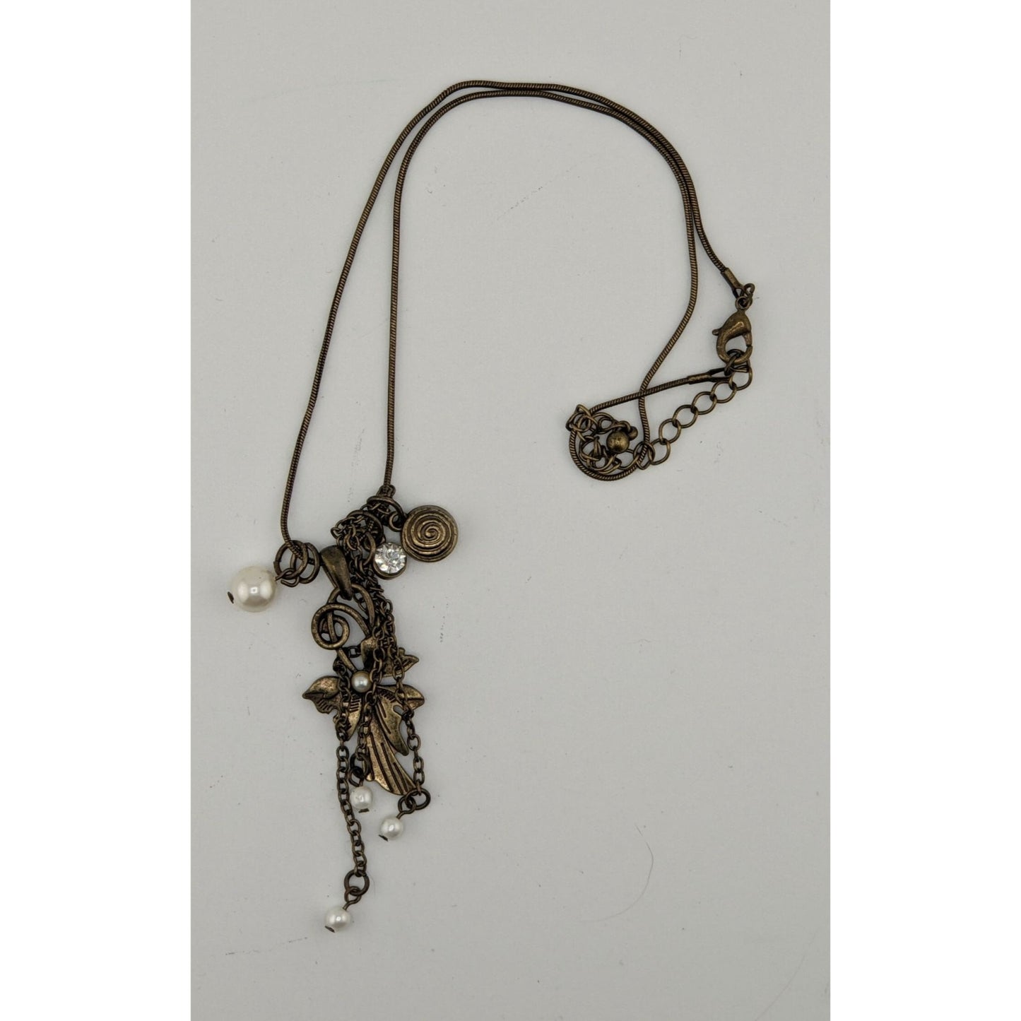 Vintage-Inspired Coquette Bronze Pendant Necklace With Faux Pearl & Crystal Accents
