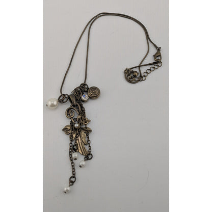 Vintage-Inspired Coquette Bronze Pendant Necklace With Faux Pearl & Crystal Accents