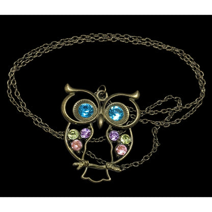 Whimsical Owl Themed Rainbow Gemmed Antiqued Gold Tone Pendant Necklace