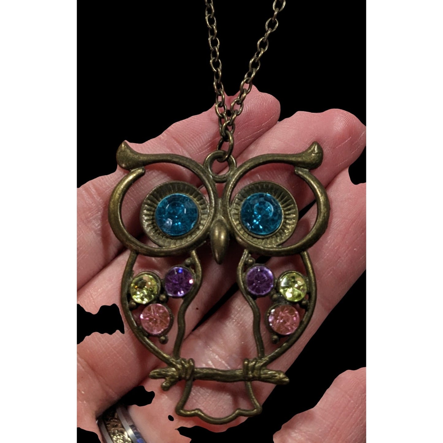 Whimsical Owl Themed Rainbow Gemmed Antiqued Gold Tone Pendant Necklace