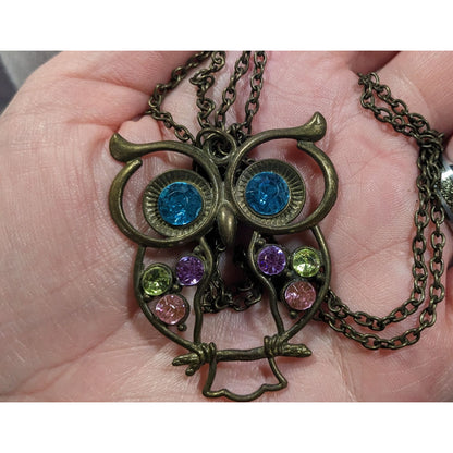Whimsical Owl Themed Rainbow Gemmed Antiqued Gold Tone Pendant Necklace