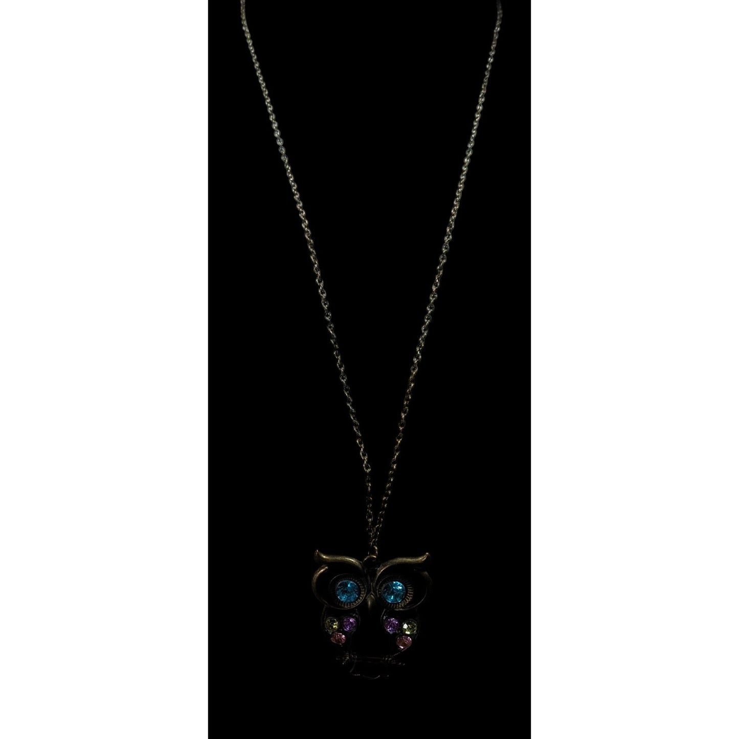 Whimsical Owl Themed Rainbow Gemmed Antiqued Gold Tone Pendant Necklace