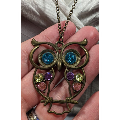 Whimsical Owl Themed Rainbow Gemmed Antiqued Gold Tone Pendant Necklace