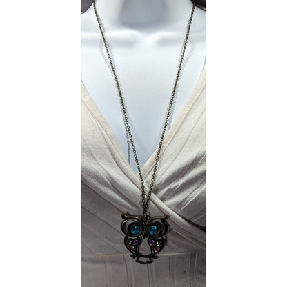 Whimsical Owl Themed Rainbow Gemmed Antiqued Gold Tone Pendant Necklace