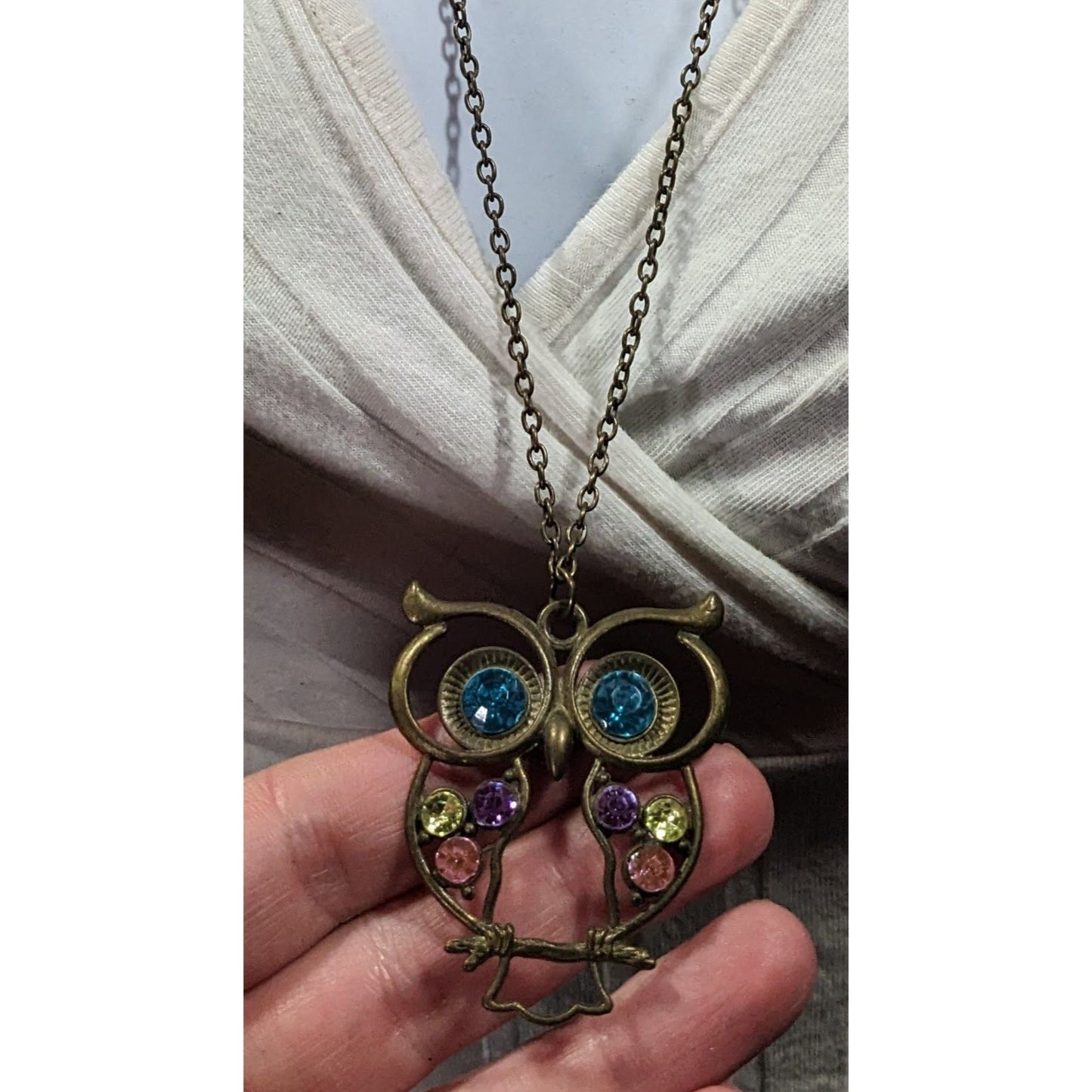 Whimsical Owl Themed Rainbow Gemmed Antiqued Gold Tone Pendant Necklace