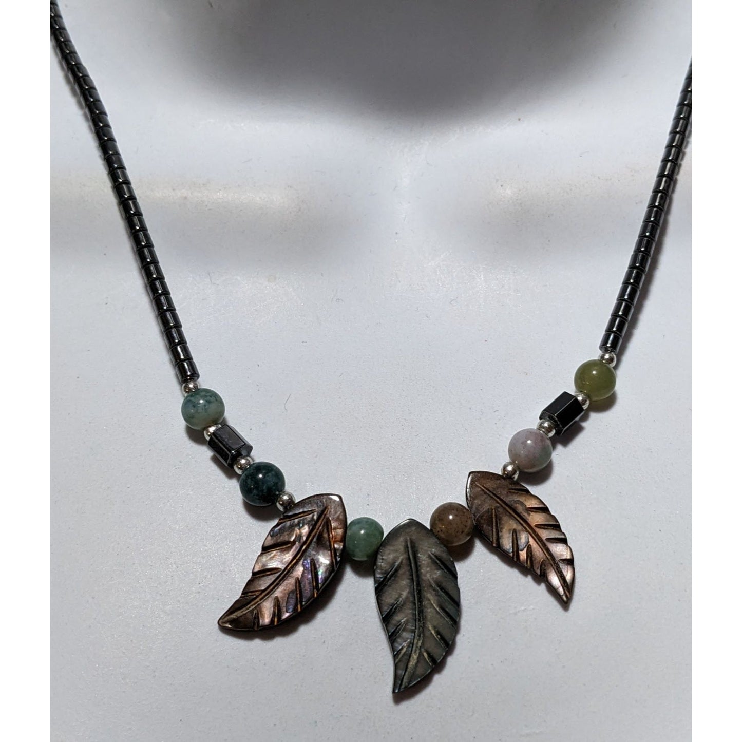 Bohemian Stone And Shell Carved Leaf Necklace