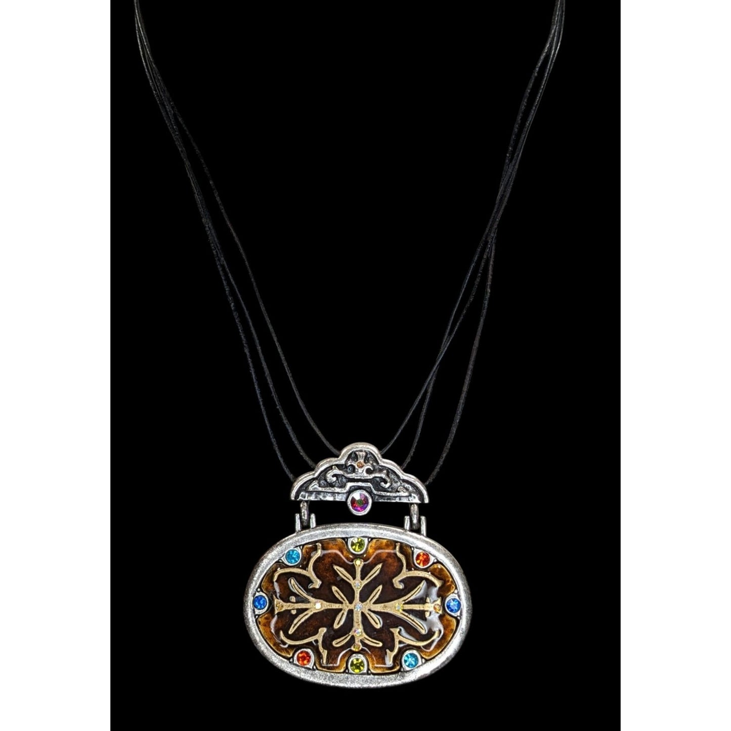 Vintage Chico's Enamel Pendant Necklace Rhinestone Brown Silver Folk Art