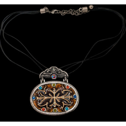 Vintage Chico's Enamel Pendant Necklace Rhinestone Brown Silver Folk Art