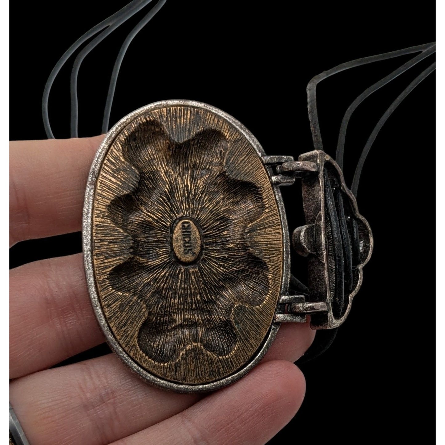 Vintage Chico's Enamel Pendant Necklace Rhinestone Brown Silver Folk Art