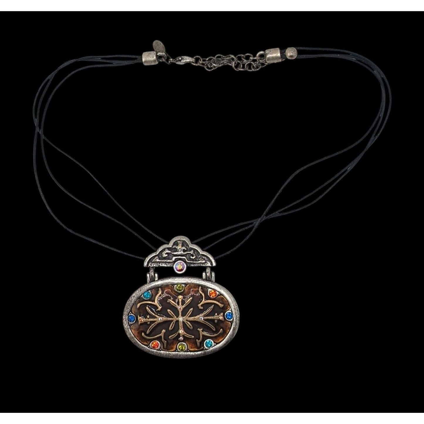 Vintage Chico's Enamel Pendant Necklace Rhinestone Brown Silver Folk Art